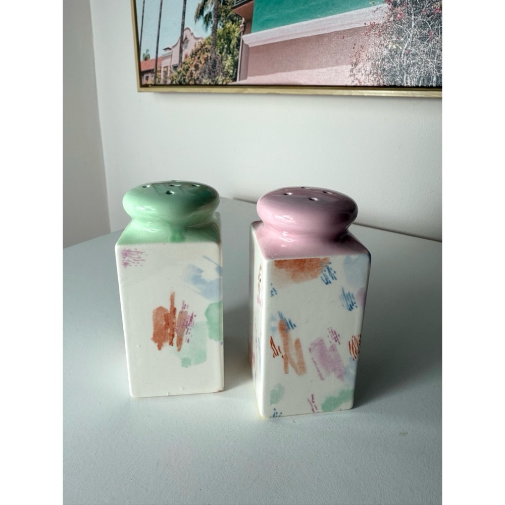 Vintage Pastel Abstract Art Salt & Pepper Shakers Japan Pink Green White Ceramic